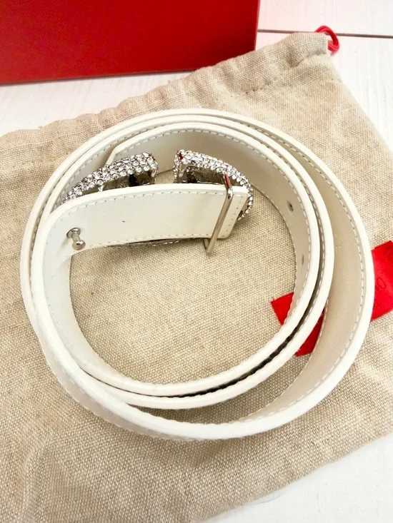 Valentino Garavani Ivory Leather Belt w Crystal V Logo Buckle - Picture 6 of 11